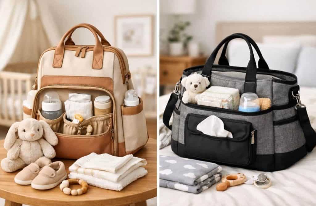 Deux modèles de sacs à langer, format sac à dos beige et grand format gris, avec accessoires pour bébé