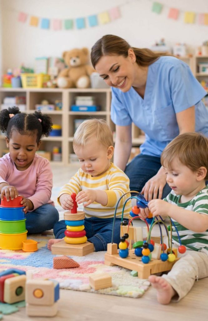 assistante maternelle en blouse bleue qui surveille des bébés en train de jouer