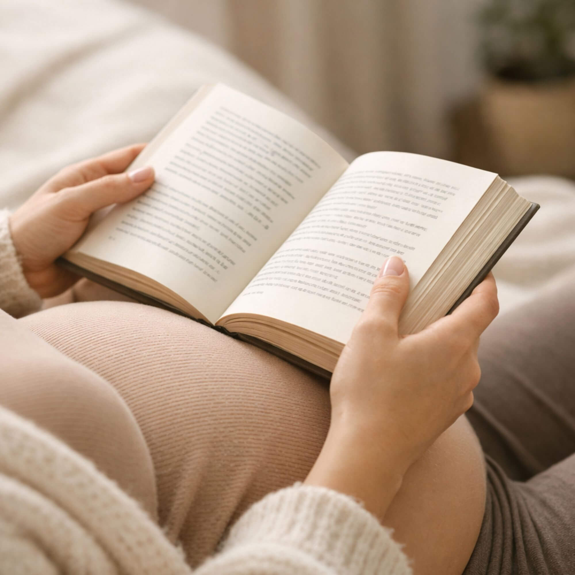 Femme enceinte lisant un livre installée confortablement — sélection livres grossesse et post-partum