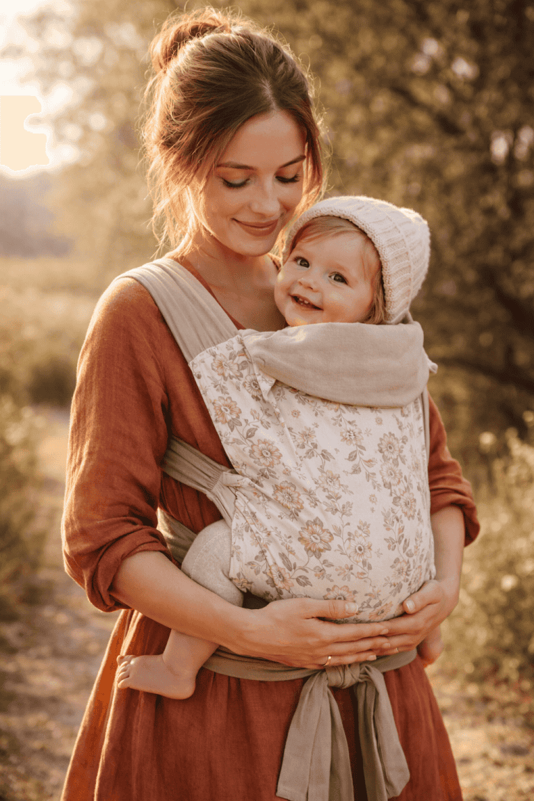 Jeune maman portant son bébé en mei-tei beige en portage ventral, en position physiologique, en extérieur à la lumière dorée.