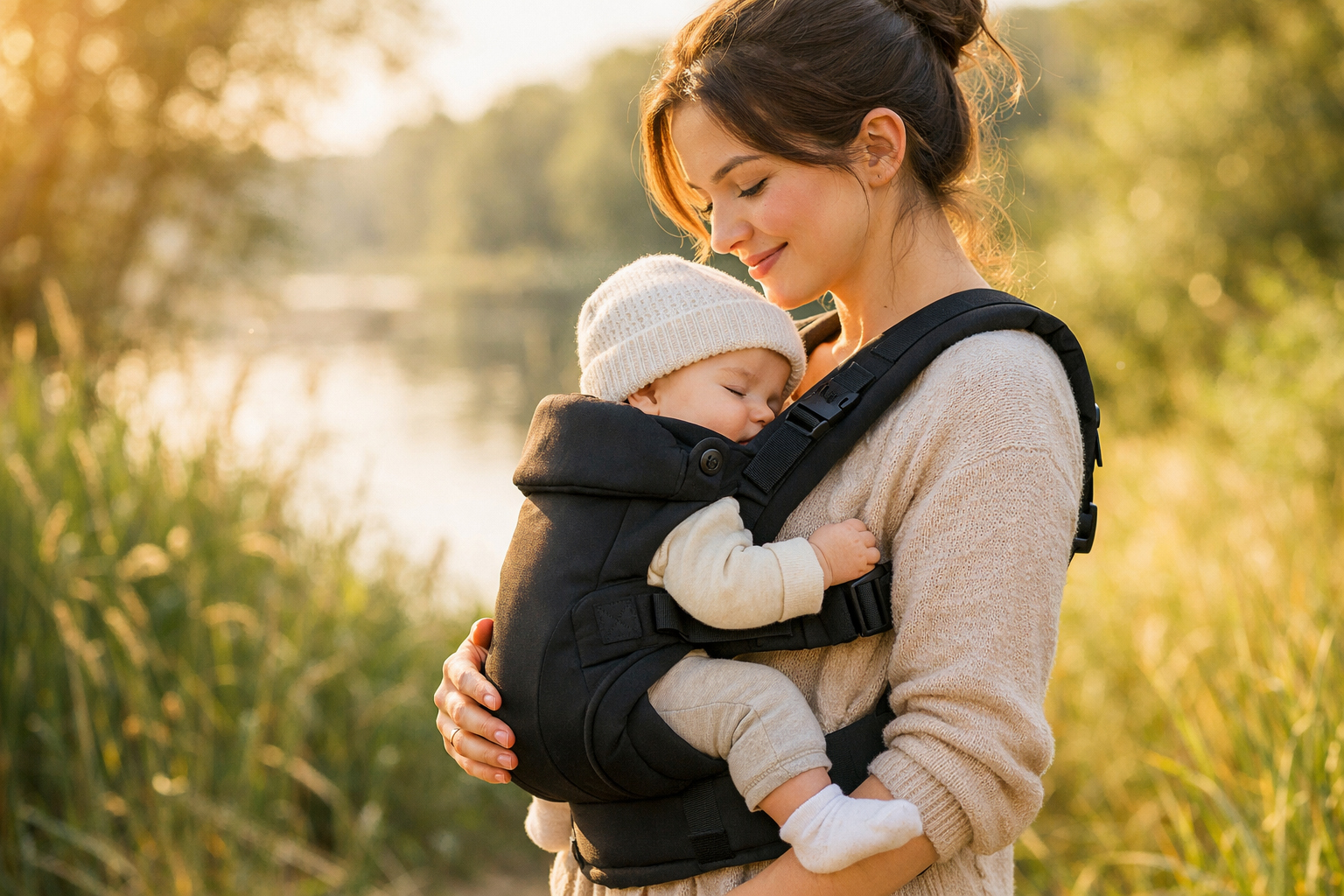 maman qui porte son bébé en position ventrale dans un porte bébé physiologique, dans un cadre naturel