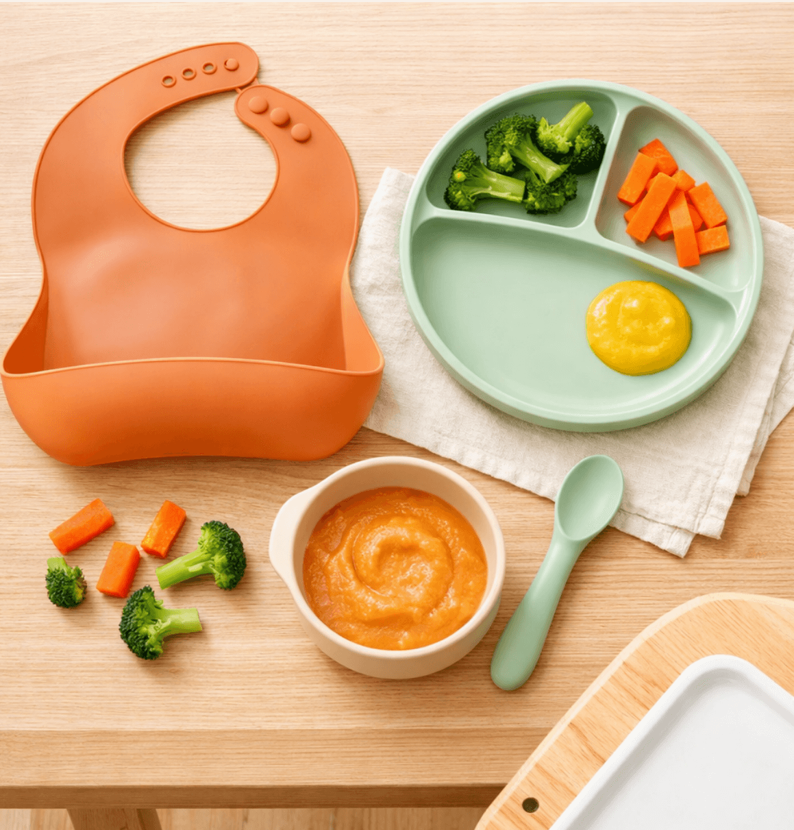 Matériel essentiel pour la diversification alimentaire bébé : bavoir à récupérateur, assiette à compartiments et bol avec purée de carotte sur une table en bois