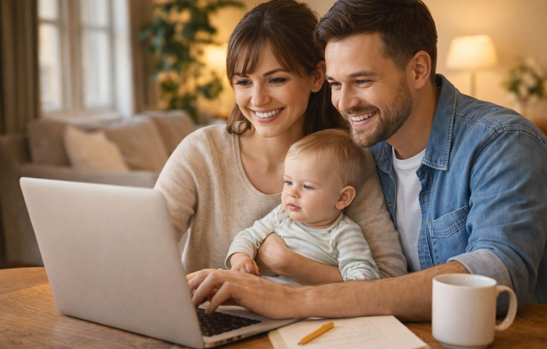 Un couple souriant effectue des recherches sur un ordinateur portable avec leur bébé dans les bras, un carnet de notes et une tasse de café posés sur la table.
