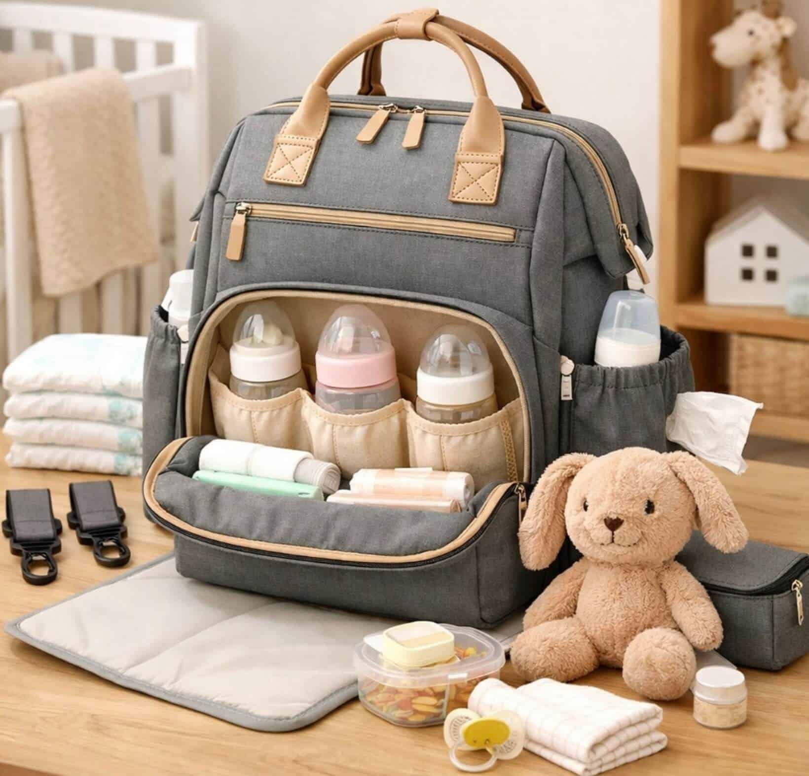 Sac à langer gris ouvert avec tous les indispensables pour bébé : biberons, matelas à langer, doudou, couches et lingettes