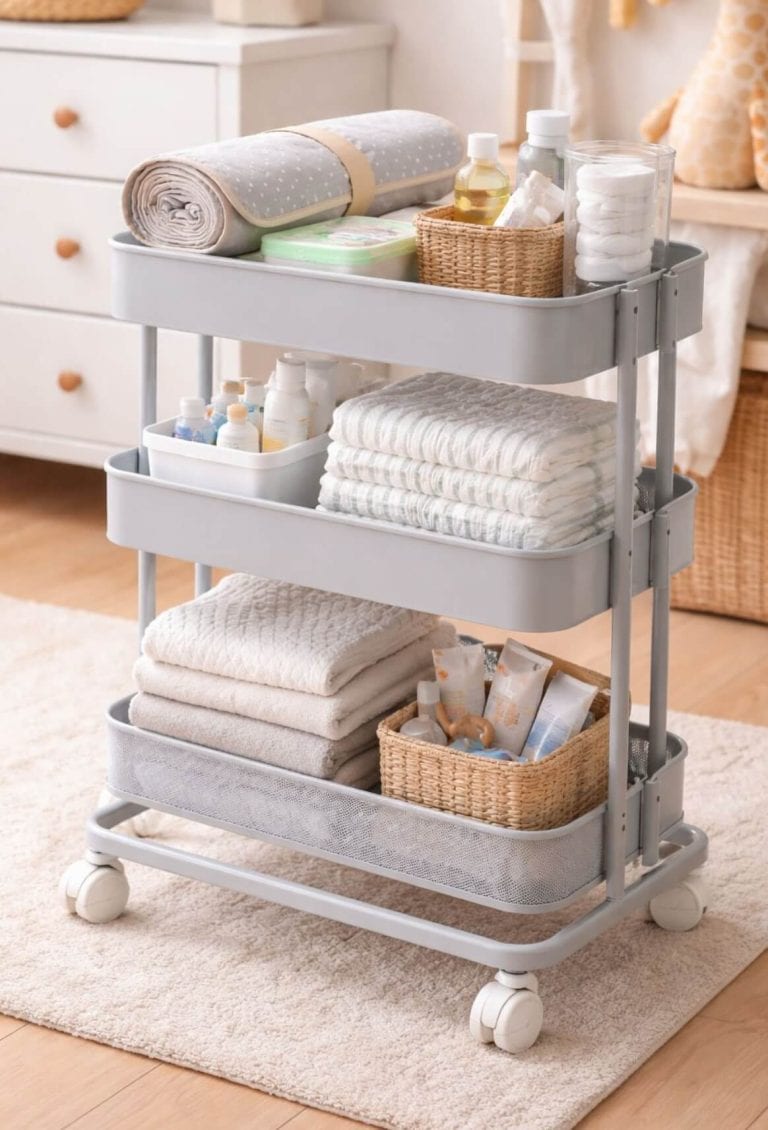 Desserte à roulettes organisée avec produits de change et couches pour bébé