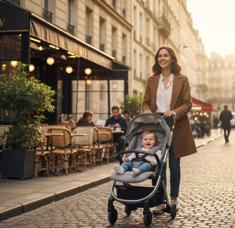 Mère souriante poussant une poussette citadine compacte sur les pavés d'une rue parisienne, terrasse de café en arrière-plan