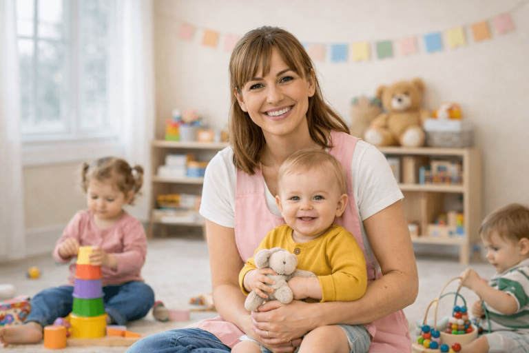 Assistante maternelle souriante tenant un bébé dans une crèche, avec des enfants jouant en arrière-plan.