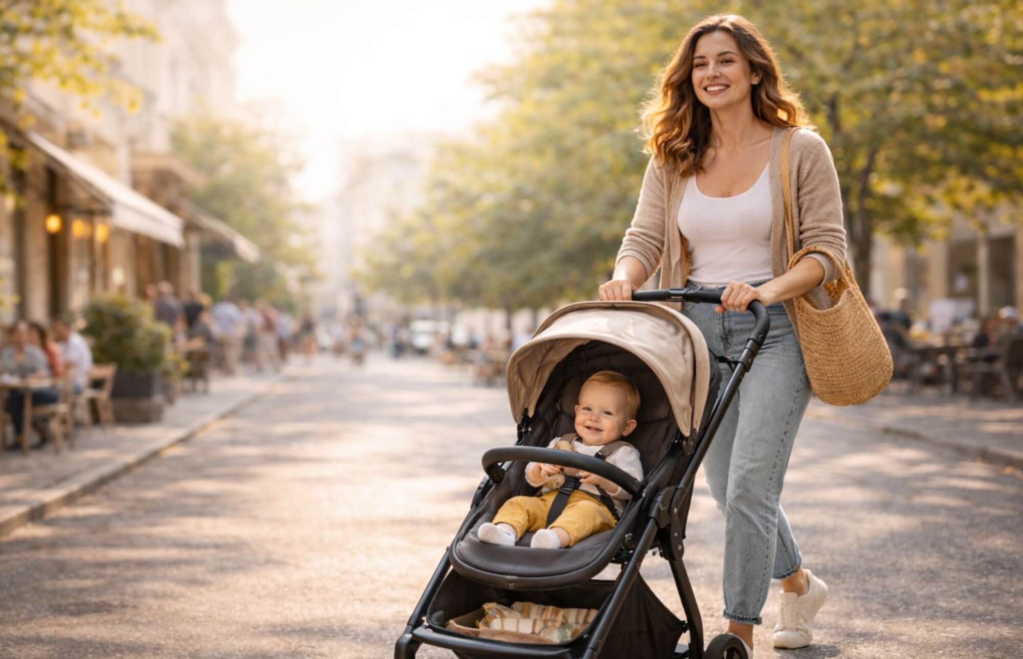 Maman poussant une poussette citadine avec bébé souriant dans une rue ensoleillée — guide poussette 2026