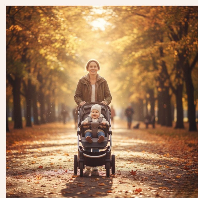Mère souriante promenant son bébé en poussette polyvalente sur une allée de parc aux couleurs d'automne
