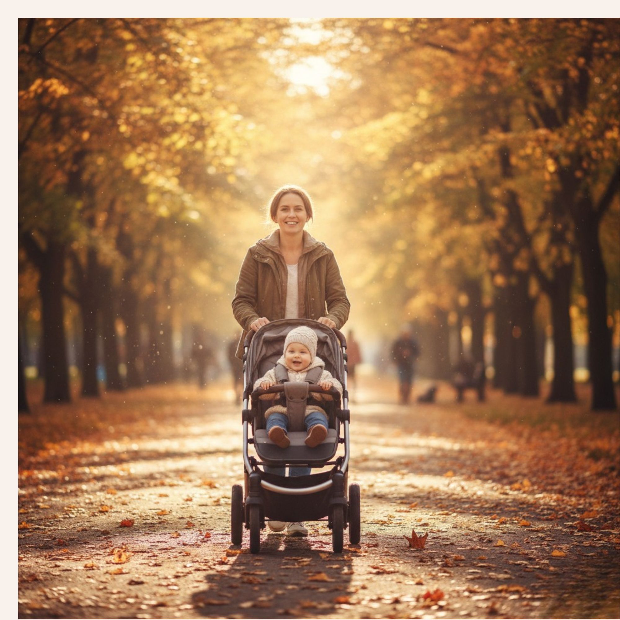 Mère souriante promenant son bébé en poussette polyvalente sur une allée de parc aux couleurs d'automne