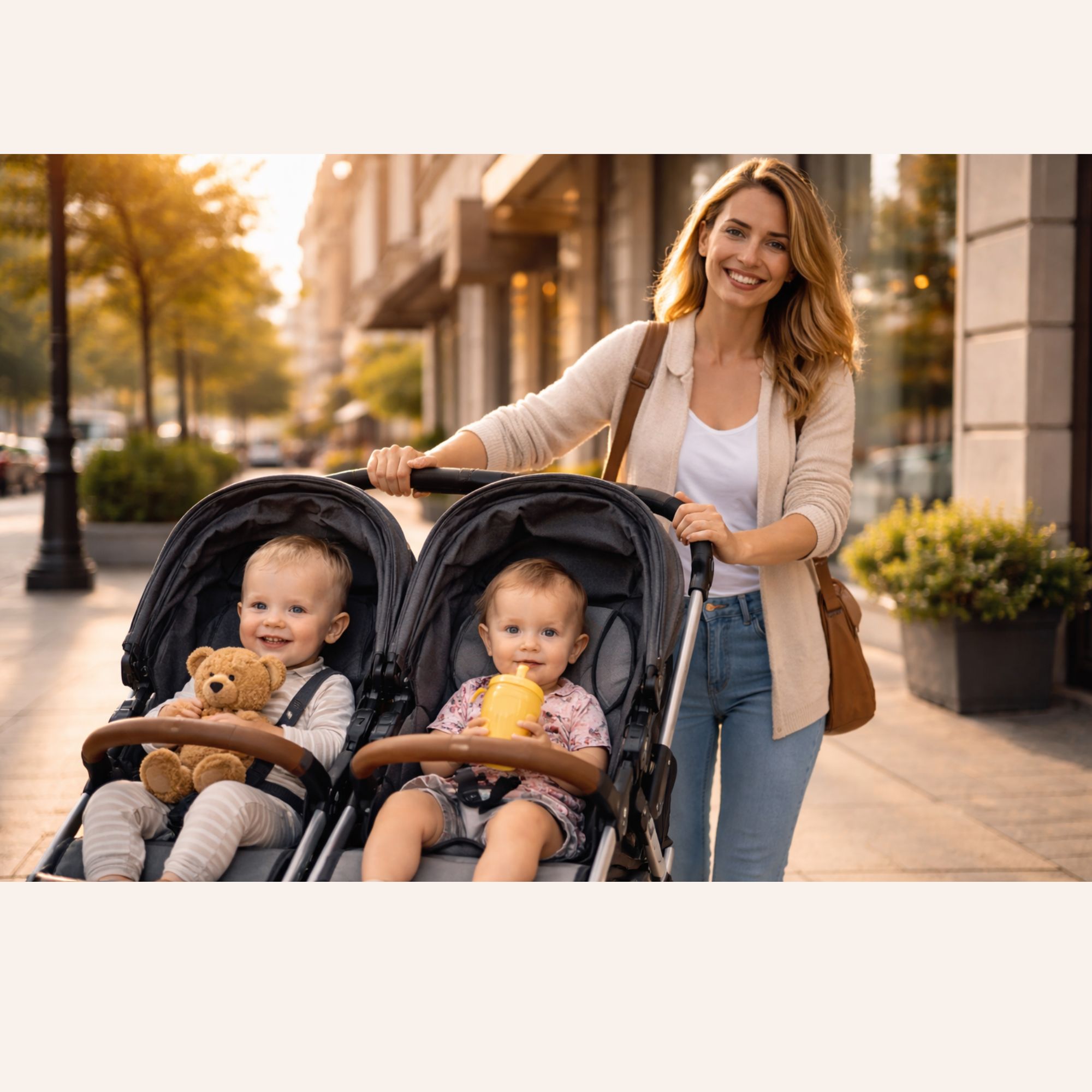 Deux enfants côte à côte dans une poussette double, avec maman souriante, dans une rue lumineuse
