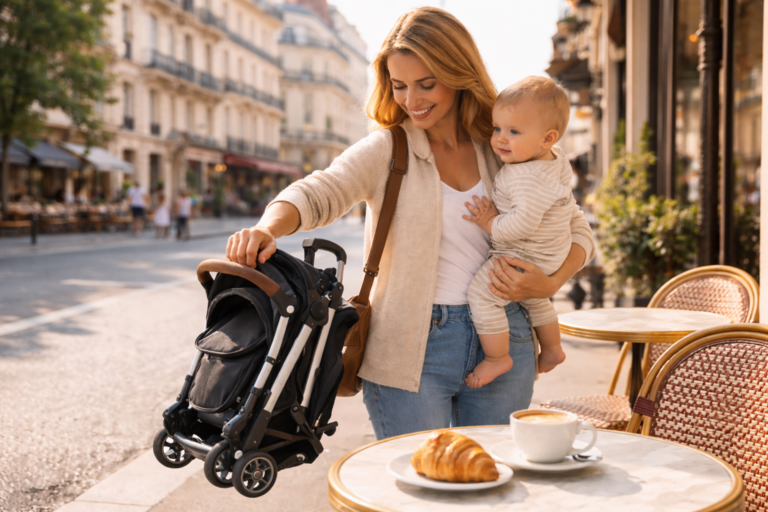 maman qui porte sa poussette canne pliée sous le bras, avec bébé, qui s'installe à une terrasse de café