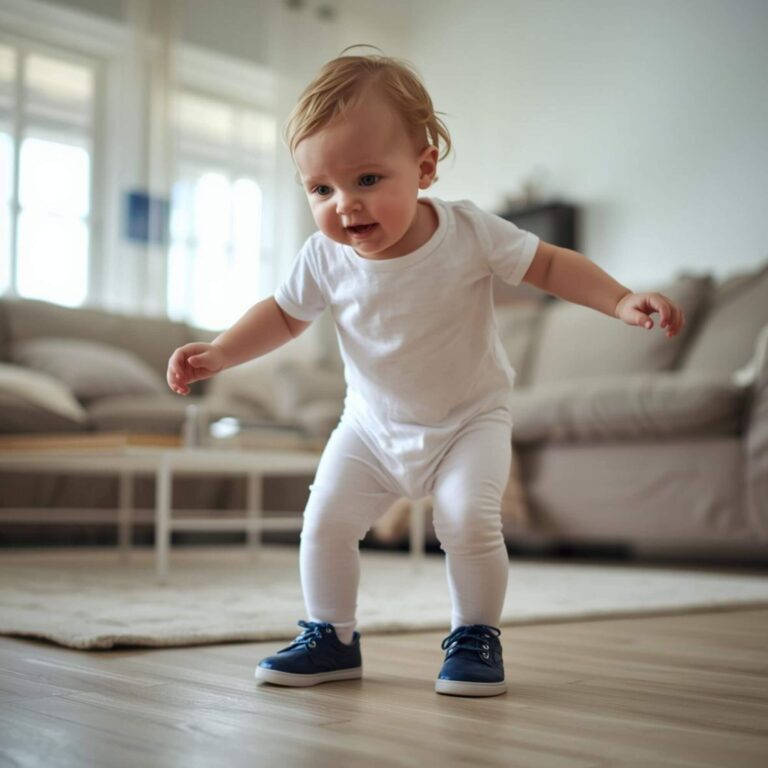 Bébé souriant qui fait ses premiers pas avec des chaussures dans le salon