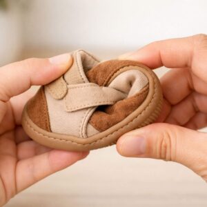 Mains testant la souplesse d'une petite chaussure de bébé