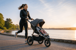 maman qui court avec une poussette sport sur un chemin en nature, lumière dorée, ambiance dynamique.
