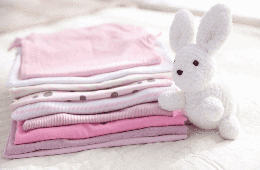 Vêtements bébé naissance pliés — bodies et pyjamas essentiels pour le trousseau de départ
