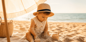 bébé avec chapeau de paille jouant dans le sable à l'ombre d'un parasol en été