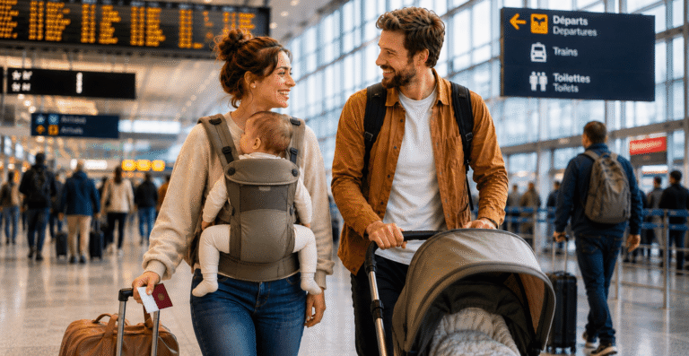 Famille avec bébé en portage et poussette dans un aéroport