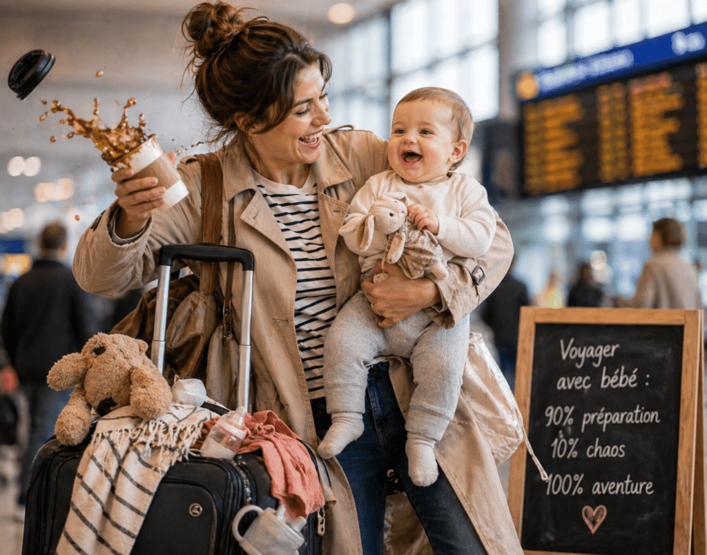 Maman qui voyage avec son bébé dans un aéroport, entre chaos et bonne humeur