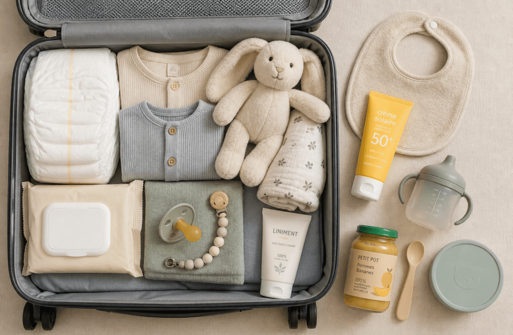 Valise organisée avec les essentiels bébé pour voyager