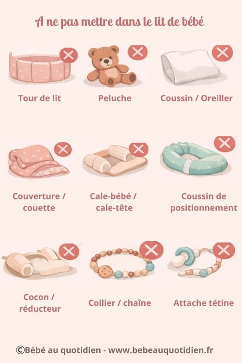 Infographie des objets interdits dans le lit de bébé selon les recommandations HAS