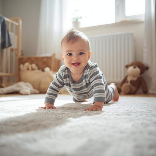 Bébé qui rampe pieds nus sur un tapis, développement moteur naturel