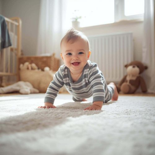 Bébé qui rampe pieds nus sur un tapis, développement moteur naturel