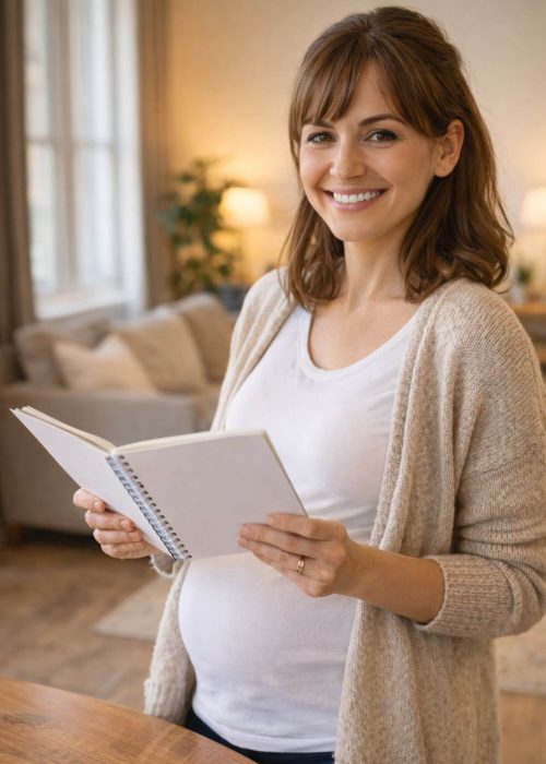 Une femme enceinte souriante se tient debout dans son salon, tenant un carnet à spirale ouvert, l'air sereine et organisée.