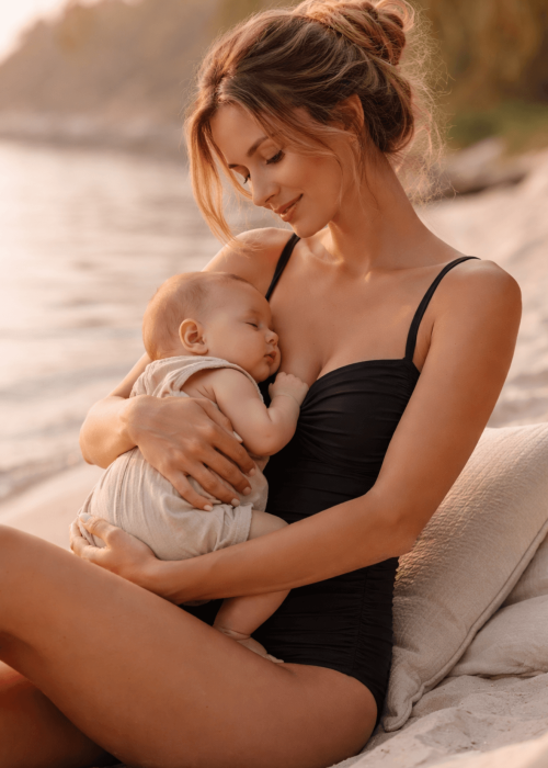 jeune maman en maillot de bain noir tenant son bébé dans les bras sur la plage au coucher du soleil
